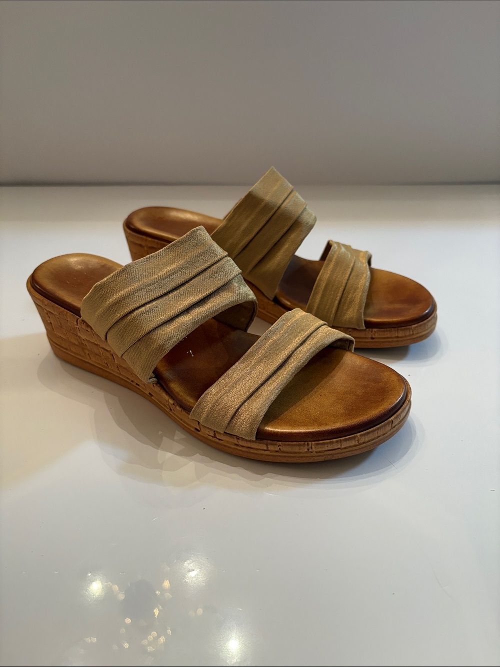 Italian Shoemakers Taupe Pleated Double-Strap Wedge Sandals